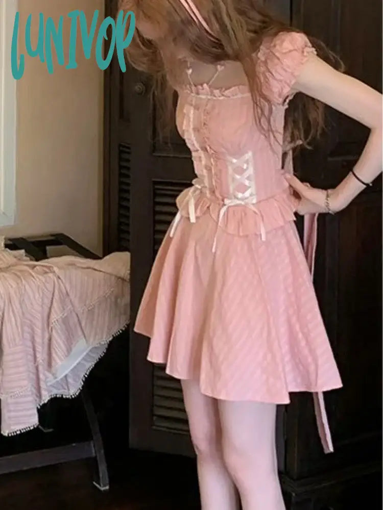Lunivop Summer Pink Sweet Party Mini Dress Women Bow France Elegant Cute Female Korean Fashion
