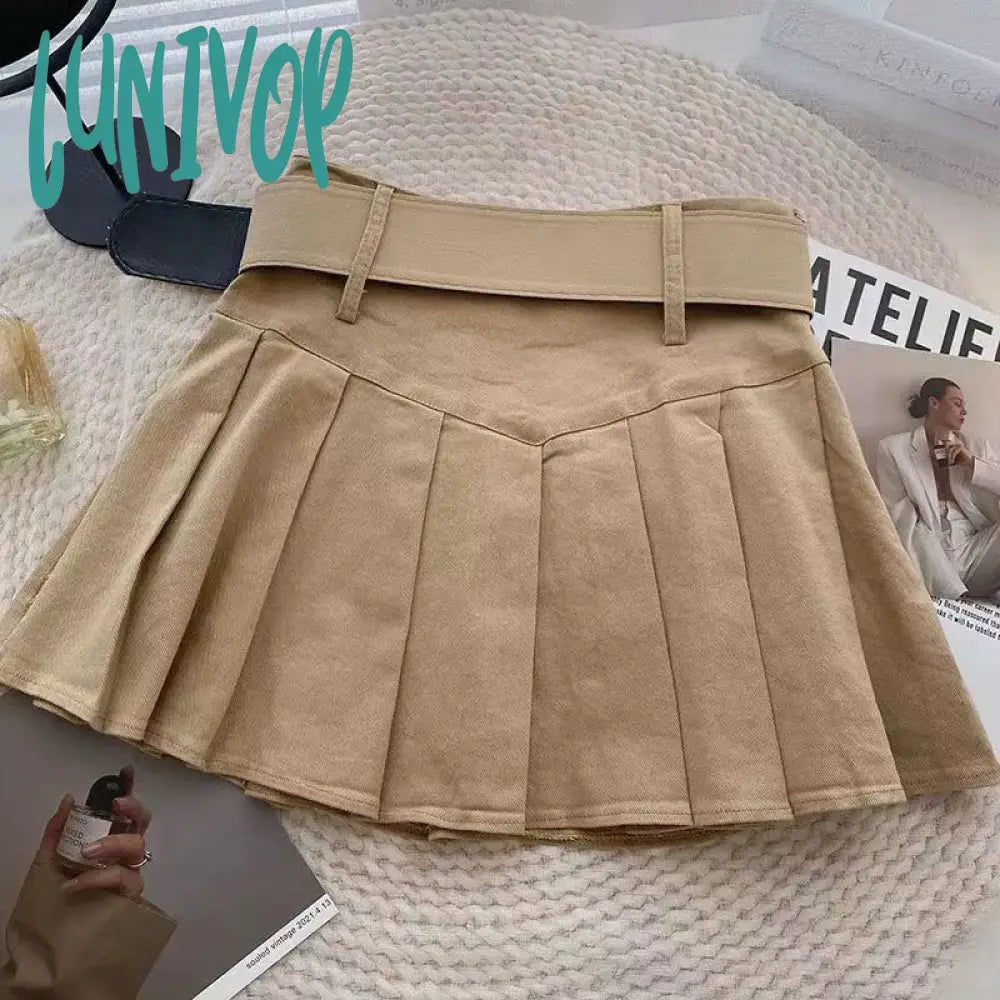 Lunivop Summer Pleated Skirt Women Korean Fashion With Belt Mini Skirts Girl Kawaii High Waist