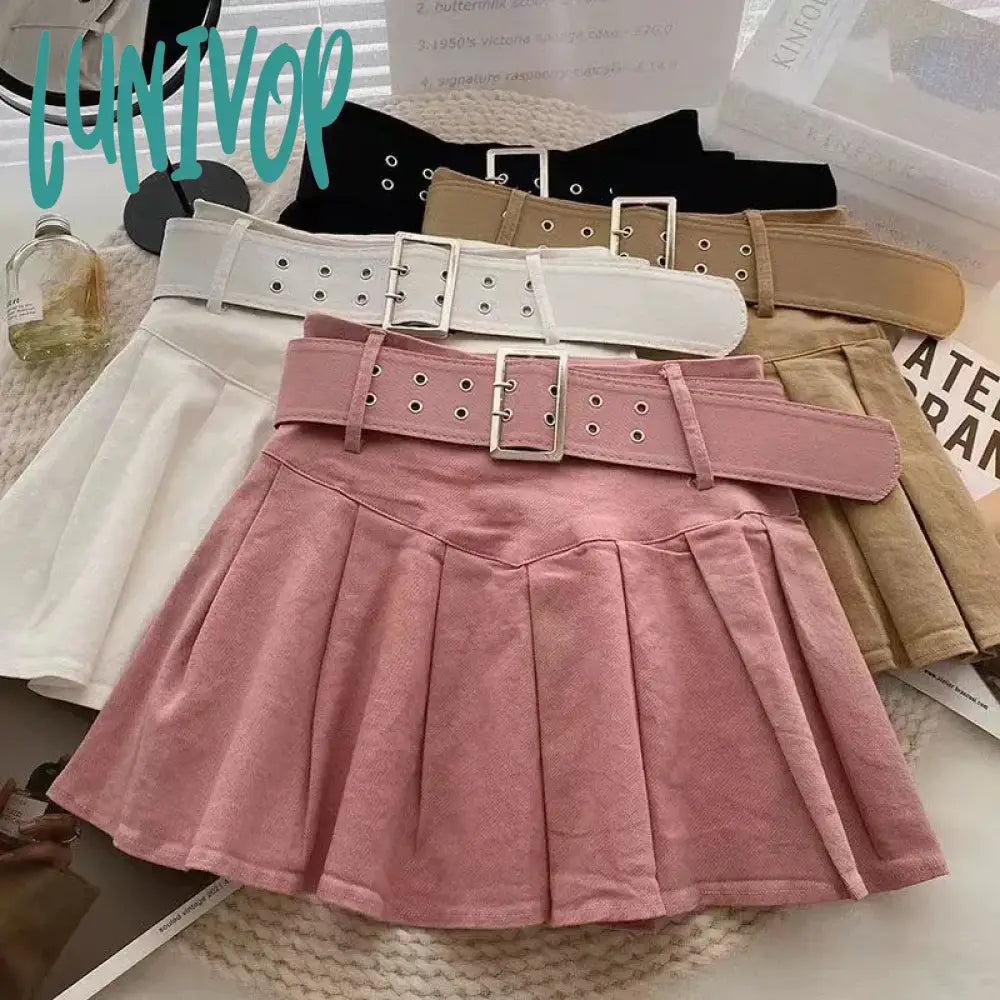 Lunivop Summer Pleated Skirt Women Korean Fashion With Belt Mini Skirts Girl Kawaii High Waist