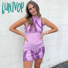 Lunivop Summer Print Sleeveless Backless Lace Up Knitwear Dress For Women Beach Vacation Mini Hip