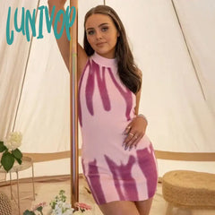 Lunivop Summer Print Sleeveless Backless Lace Up Knitwear Dress For Women Beach Vacation Mini Hip