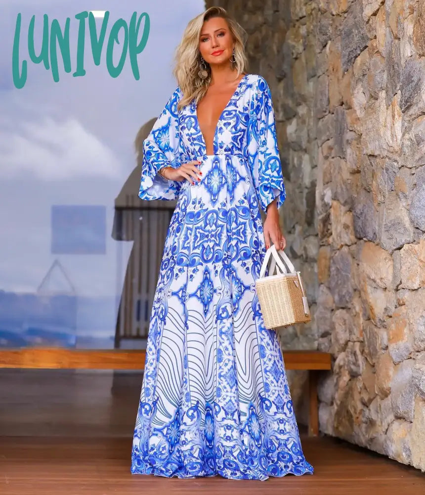 Lunivop Summer Printed Beach Cover Up Women’s Deep V-Neck Dresses Large Swing Female Dress