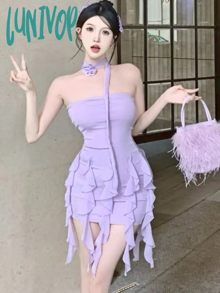 Lunivop Summer Purple Sexy Elegant Dress Women Backless Korean Style Party Mini Female Ruffle