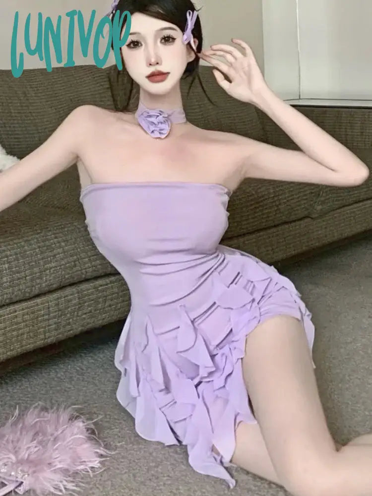 Lunivop Summer Purple Sexy Elegant Dress Women Backless Korean Style Party Mini Female Ruffle