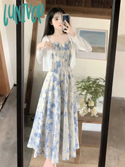 Lunivop Summer Spaghetti Strap Long Dresses Women Vintage Prints Elegant French Midi Dress Stylish