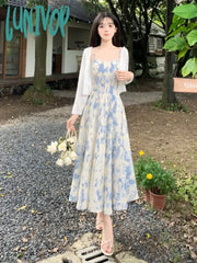 Lunivop Summer Spaghetti Strap Long Dresses Women Vintage Prints Elegant French Midi Dress Stylish