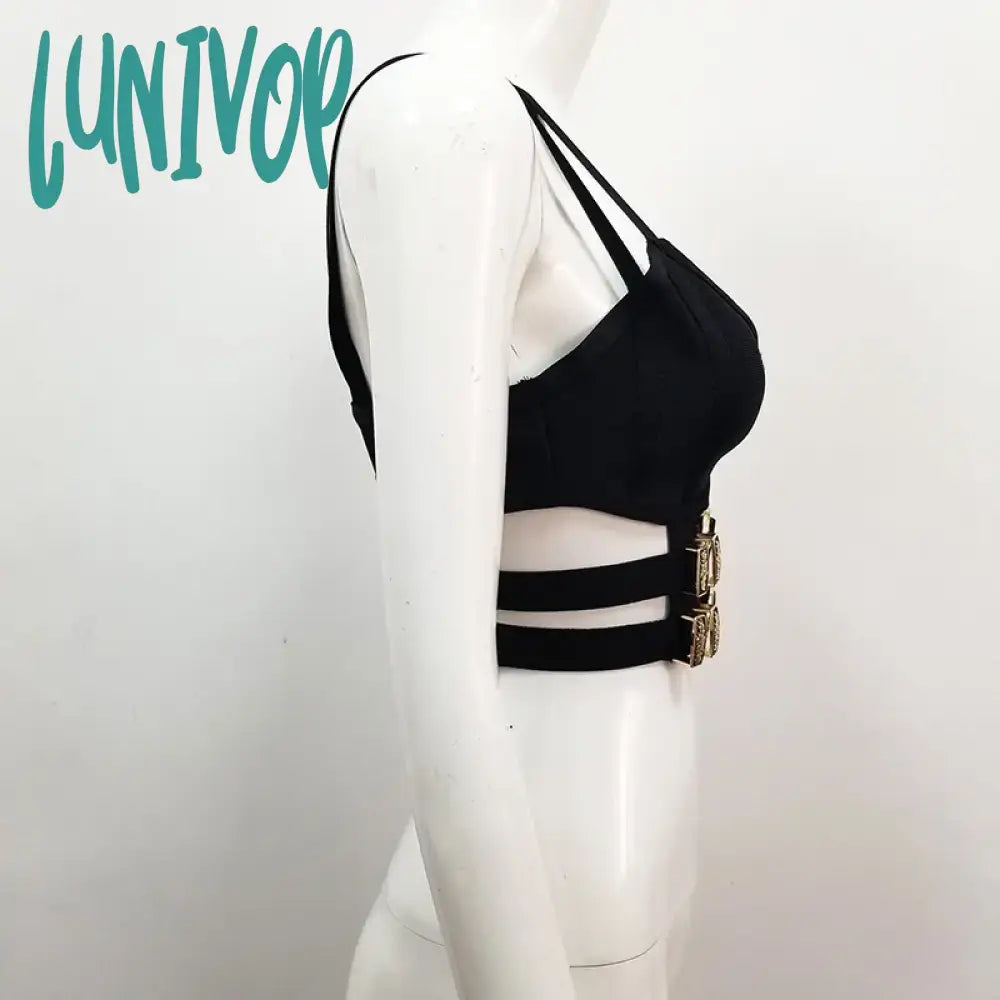 Lunivop Summer Style Sexy Backless Black Hollow Out Sequined Women Bodycon Bandage Crop Top