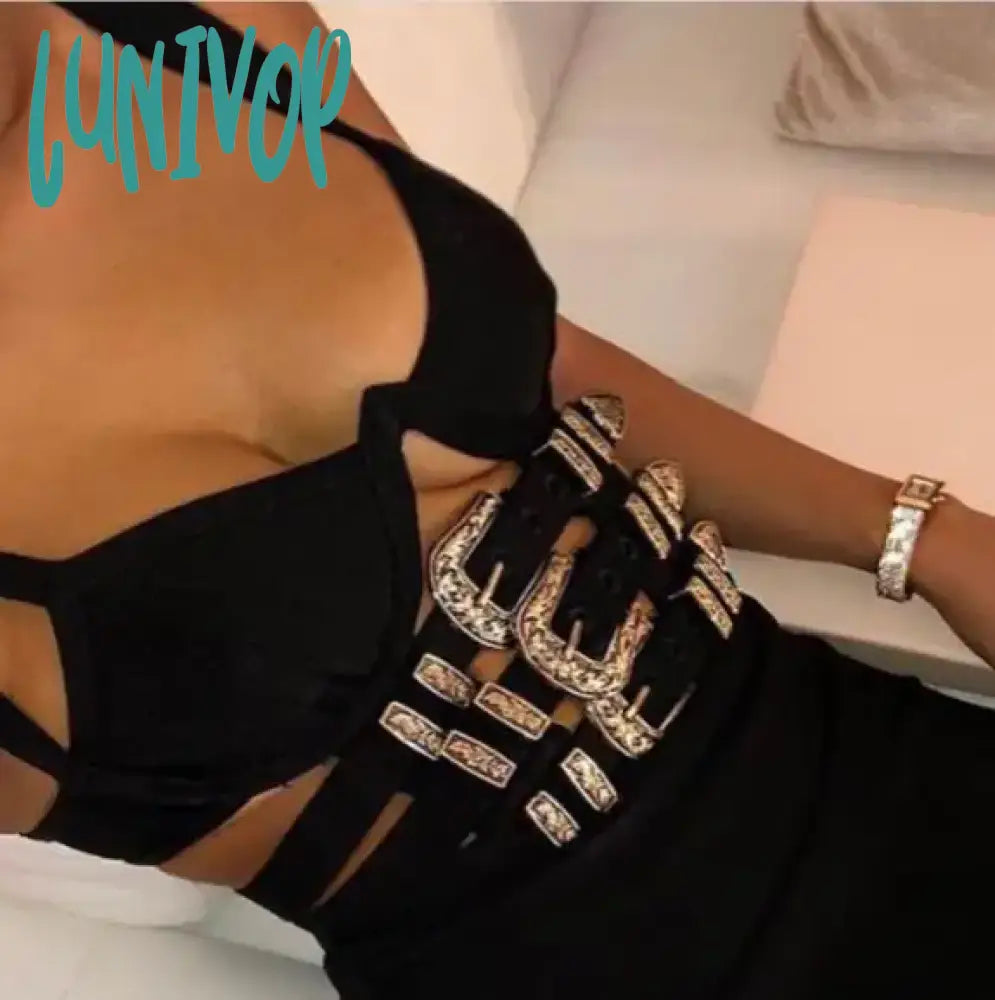 Lunivop Summer Style Sexy Backless Black Hollow Out Sequined Women Bodycon Bandage Crop Top