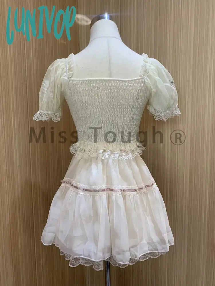 Lunivop Summer Sweet Princess Two Piece Set Women Lace Korean Fashion Party Mini Skirt Female Bow