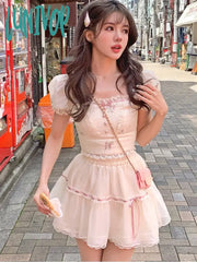 Lunivop Summer Sweet Princess Two Piece Set Women Lace Korean Fashion Party Mini Skirt Female Bow