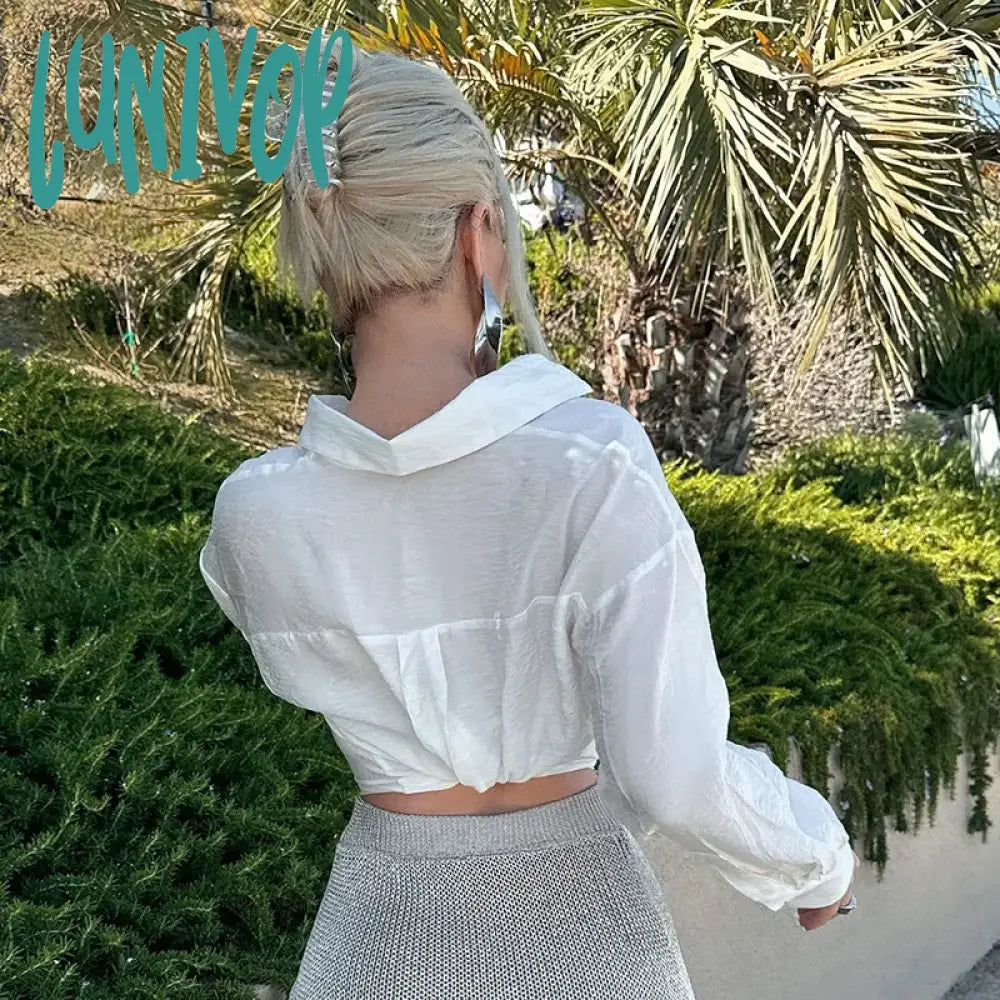 Lunivop Summer White Long Sleeve Slim T-Shirts For Women Fashion Sexy V-Neck Casual Cropped Tops