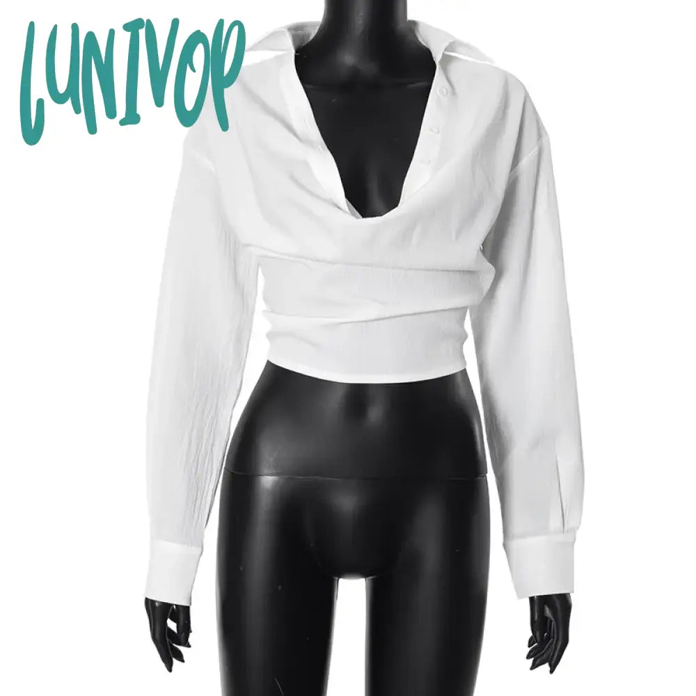 Lunivop Summer White Long Sleeve Slim T-Shirts For Women Fashion Sexy V-Neck Casual Cropped Tops