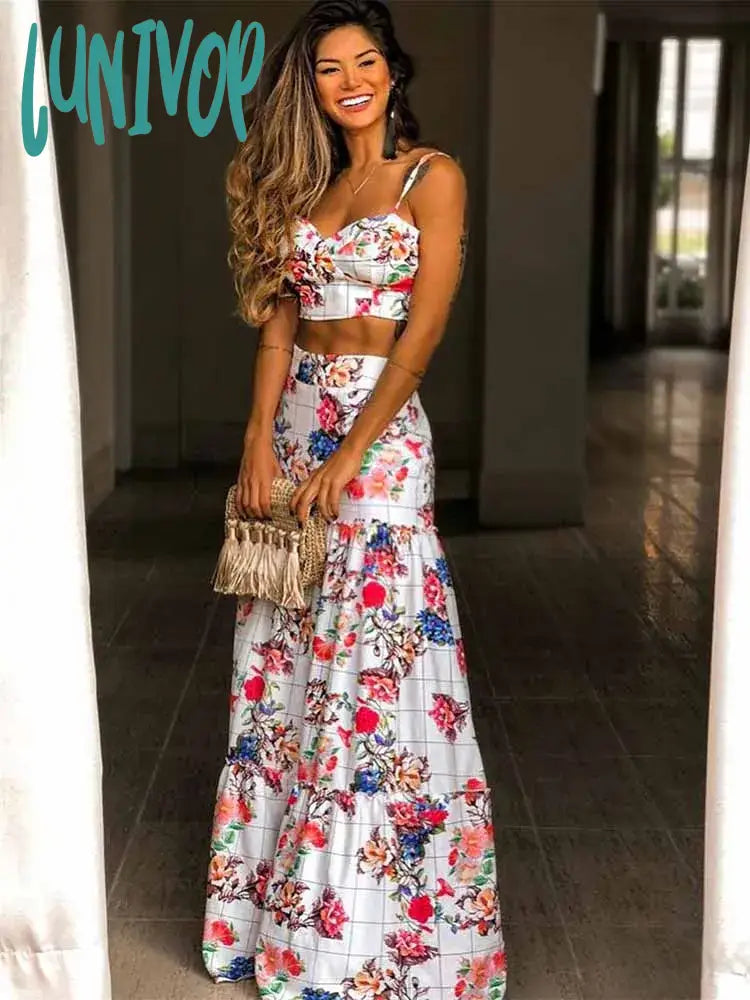 Lunivop Summer Women Outfits Two Pieces Set Sleeveless Long Dresses V-Neck Crop Top High Waist Maxi