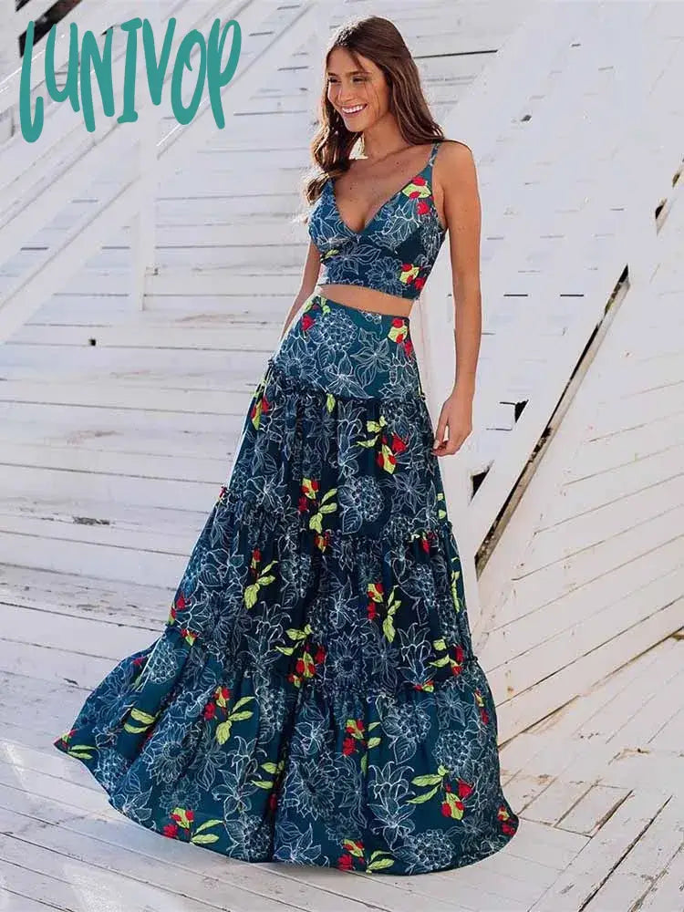 Lunivop Summer Women Outfits Two Pieces Set Sleeveless Long Dresses V-Neck Crop Top High Waist Maxi