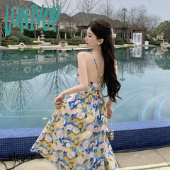 Lunivop Summer Women’s Floral Vacation Beach Long Elegant Dress Korean Midi Bohemian Chic Casual