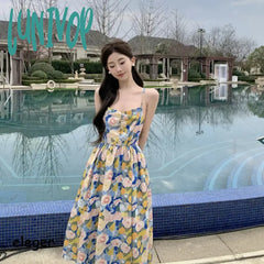 Lunivop Summer Women’s Floral Vacation Beach Long Elegant Dress Korean Midi Bohemian Chic Casual