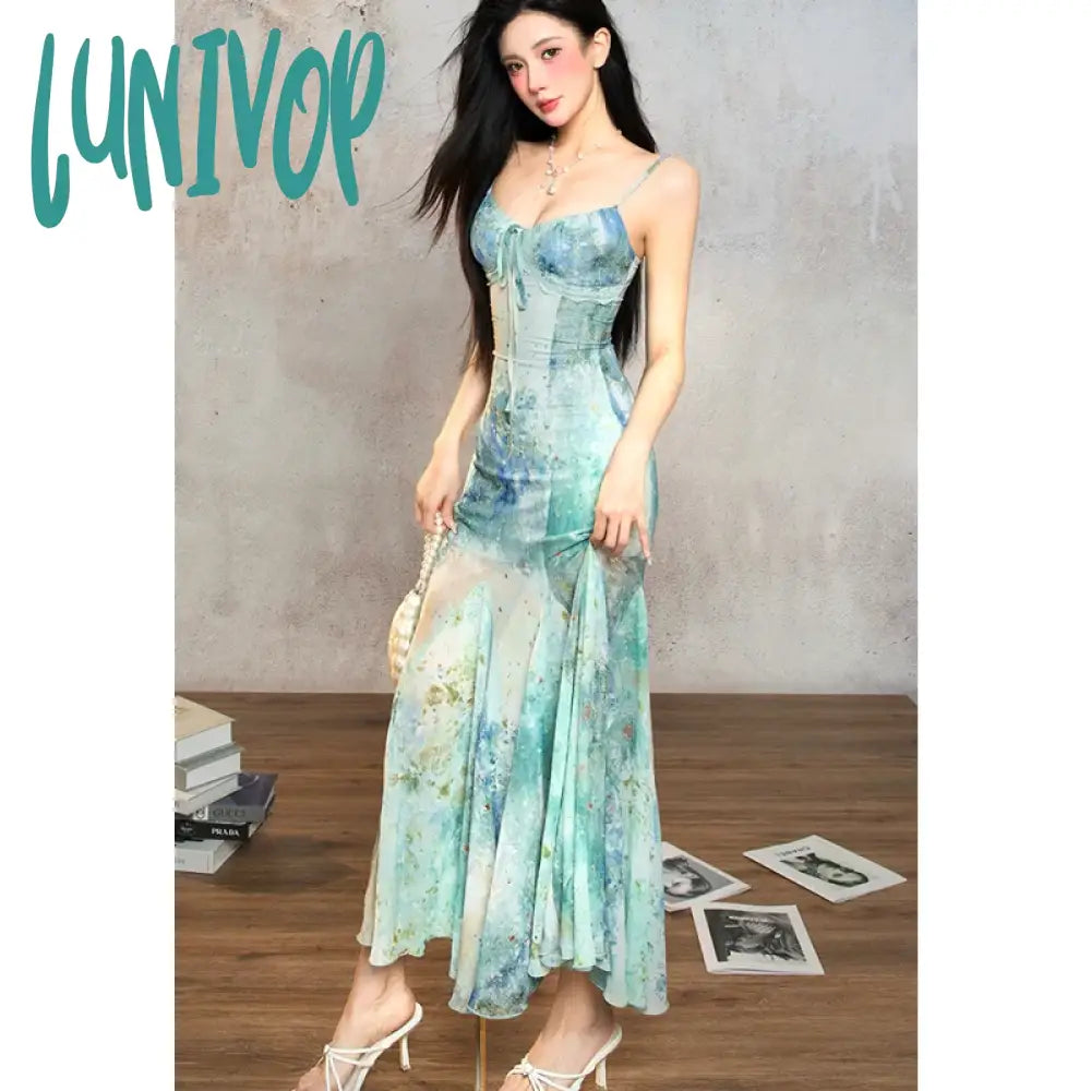 Lunivop Summer Women’s Suspender Dress Sleeveless Holiday Romantic Sexy Oil Painting Halo Dyed