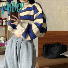 Lunivop Sweater Women Sexy Cropped Turtleneck Striped Pullovers Streetwear Korean Loose Long Sleeve