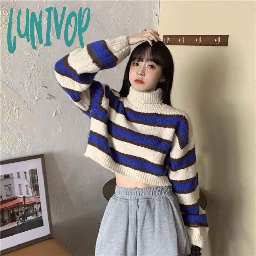 Lunivop Sweater Women Sexy Cropped Turtleneck Striped Pullovers Streetwear Korean Loose Long Sleeve