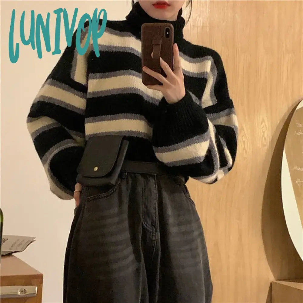Lunivop Sweater Women Sexy Cropped Turtleneck Striped Pullovers Streetwear Korean Loose Long Sleeve