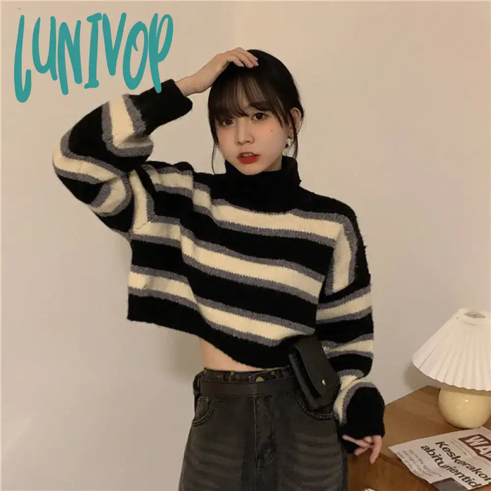 Lunivop Sweater Women Sexy Cropped Turtleneck Striped Pullovers Streetwear Korean Loose Long Sleeve