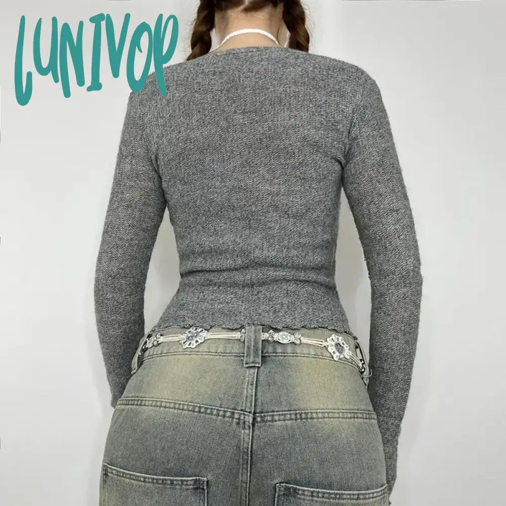 Lunivop Sweaters Y2K Crop Top Women Solid Color V Neck Single Breasted Long Sleeve Knitted Clothes