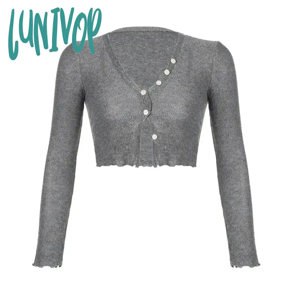 Lunivop Sweaters Y2K Crop Top Women Solid Color V Neck Single Breasted Long Sleeve Knitted Clothes