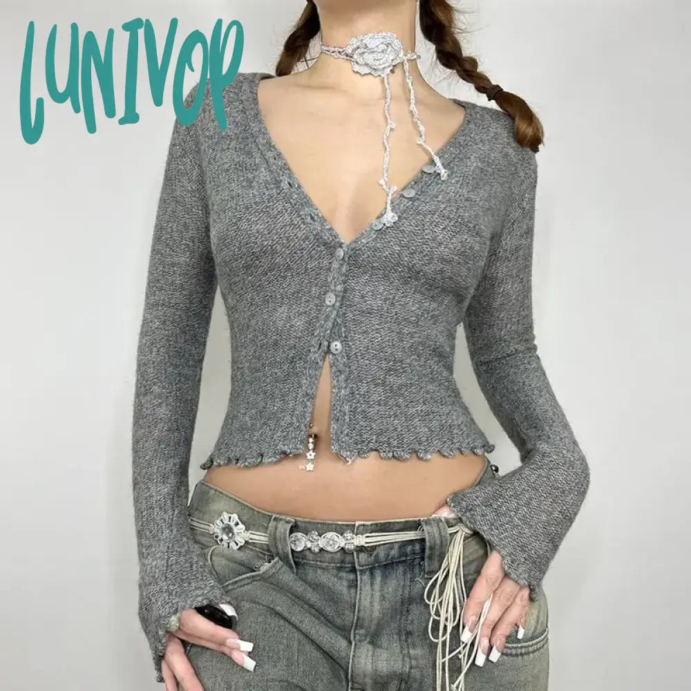 Lunivop Sweaters Y2K Crop Top Women Solid Color V Neck Single Breasted Long Sleeve Knitted Clothes