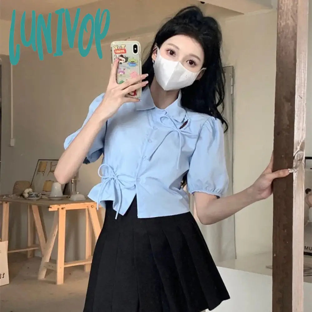 Lunivop Sweet Bow Shirts Women Streetwear Hollow Out Folds Crop Tops Summer Korean Kawaii Fashion