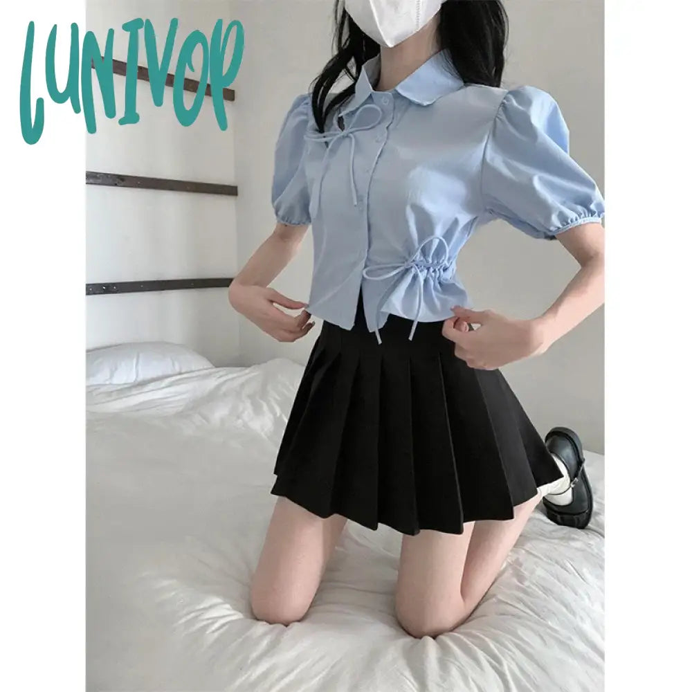 Lunivop Sweet Bow Shirts Women Streetwear Hollow Out Folds Crop Tops Summer Korean Kawaii Fashion