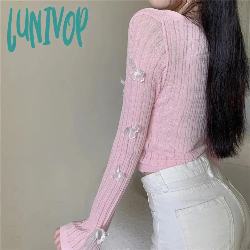 Lunivop Sweet Butterfly Knit Cardigans Women Korean Sexy V Neck Sun-Proof Crop Tops Summer Long