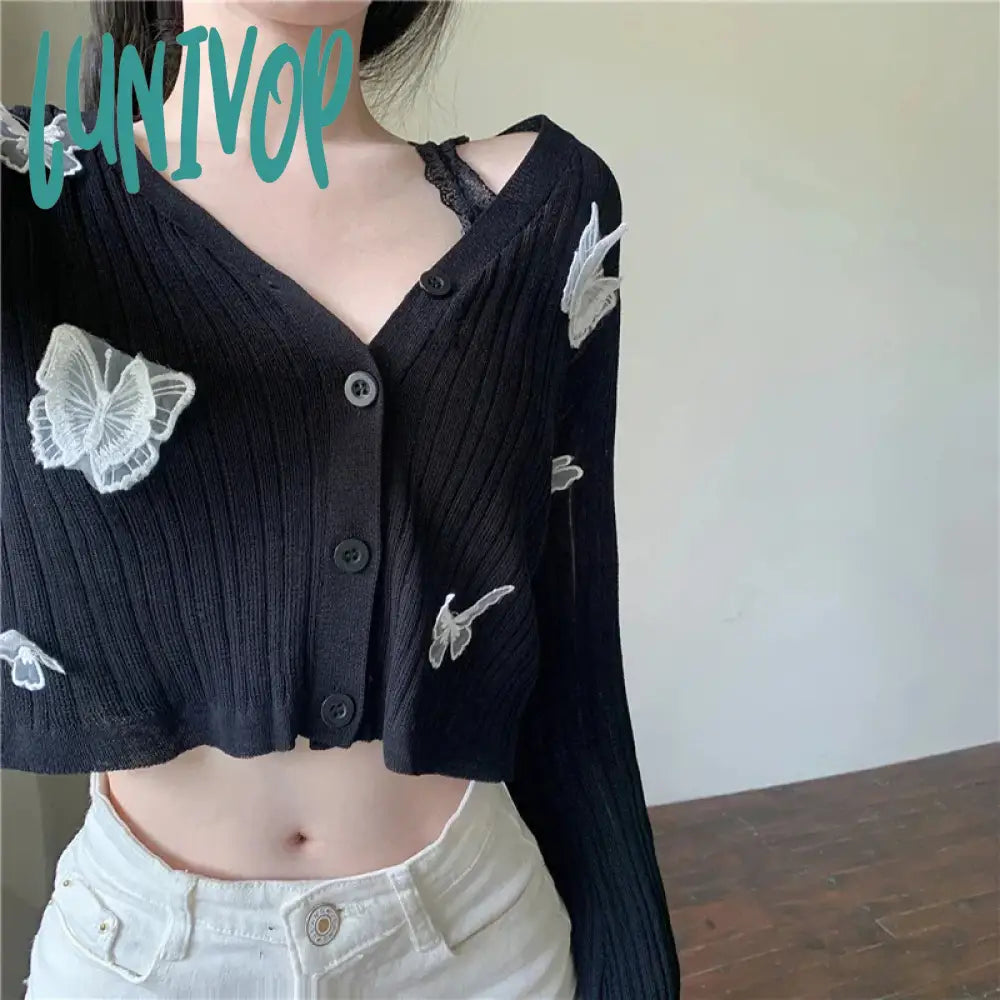 Lunivop Sweet Butterfly Knit Cardigans Women Korean Sexy V Neck Sun-Proof Crop Tops Summer Long