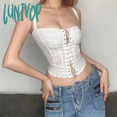 Lunivop Sweet Cute Girl Crop Top White Lace Frill Zipper High Waist Bandage Slim Fit Corset Women