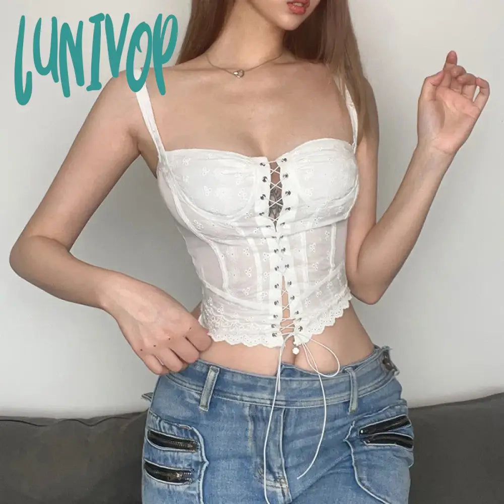 Lunivop Sweet Cute Girl Crop Top White Lace Frill Zipper High Waist Bandage Slim Fit Corset Women