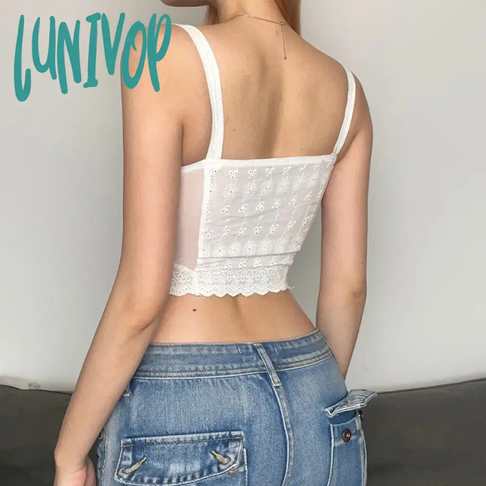 Lunivop Sweet Cute Girl Crop Top White Lace Frill Zipper High Waist Bandage Slim Fit Corset Women