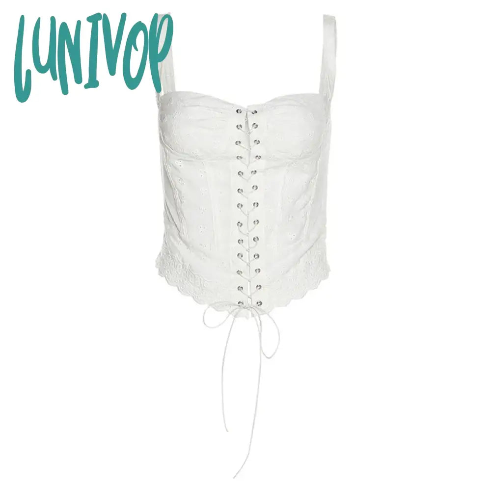 Lunivop Sweet Cute Girl Crop Top White Lace Frill Zipper High Waist Bandage Slim Fit Corset Women