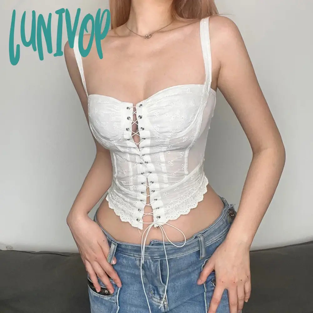 Lunivop Sweet Cute Girl Crop Top White Lace Frill Zipper High Waist Bandage Slim Fit Corset Women