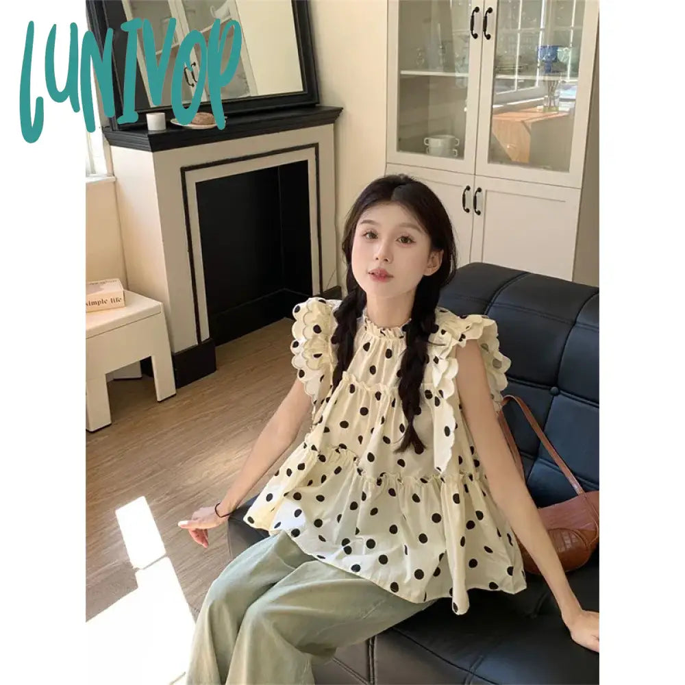 Lunivop Sweet Cute Polka Dots Shirts Women Streetwear Ruffles Flying Sleeve Blouses Summer Korean