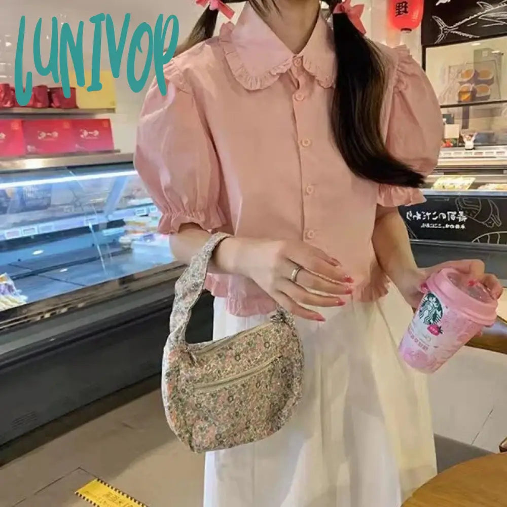 Lunivop Sweet Cute White Shirt Women Pink Ruffles Puff Sleeve Blouse Student Summer Kawaii Preppy