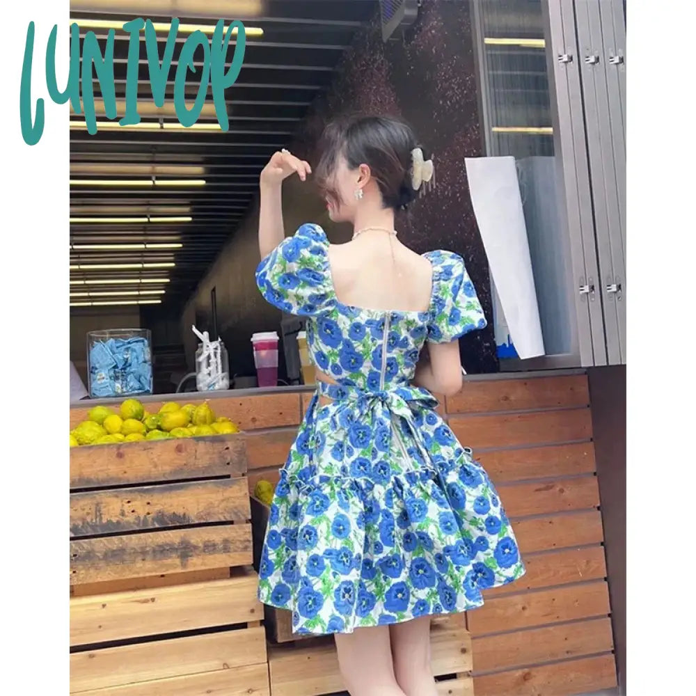 Lunivop Sweet Floral Dress Women Print Hollow Out Bandage Bow A Line Mini Dresses Korean Vintage