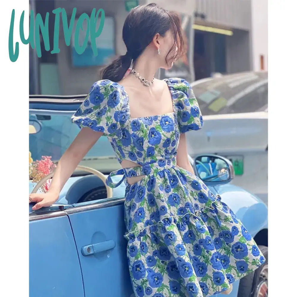 Lunivop Sweet Floral Dress Women Print Hollow Out Bandage Bow A Line Mini Dresses Korean Vintage