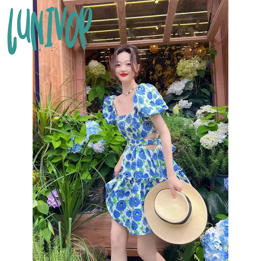 Lunivop Sweet Floral Dress Women Print Hollow Out Bandage Bow A Line Mini Dresses Korean Vintage