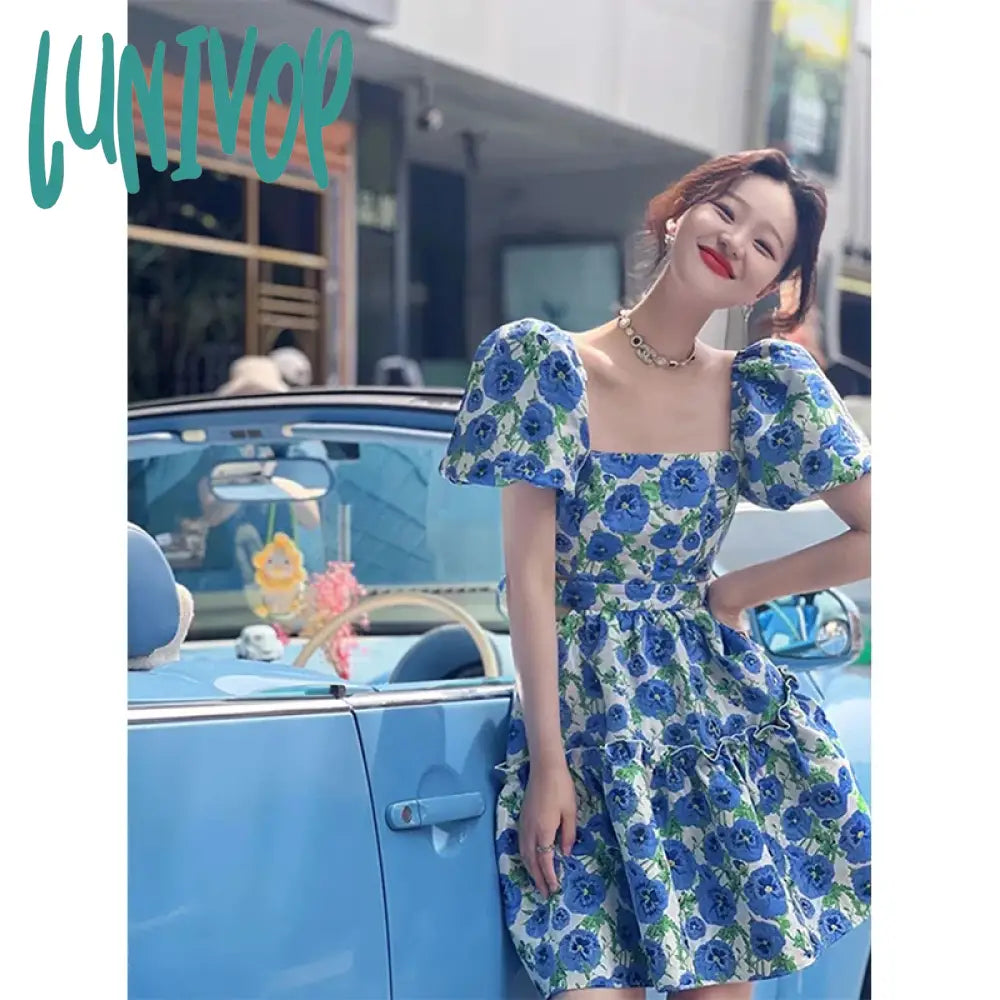 Lunivop Sweet Floral Dress Women Print Hollow Out Bandage Bow A Line Mini Dresses Korean Vintage