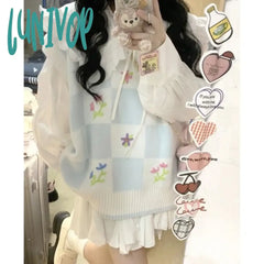 Lunivop Sweet Fresh Flower Embroidery Sweater Vest Spring New Mid-Length Loose Tank Top Y2K Grunge