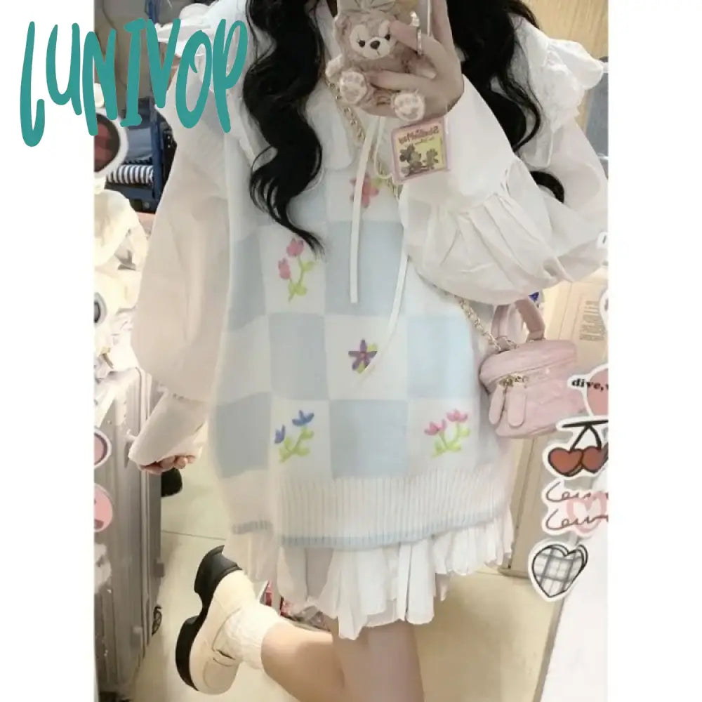 Lunivop Sweet Fresh Flower Embroidery Sweater Vest Spring New Mid-Length Loose Tank Top Y2K Grunge