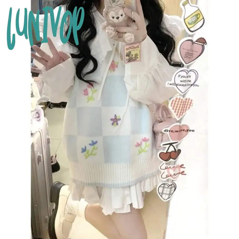 Lunivop Sweet Fresh Flower Embroidery Sweater Vest Spring New Mid-Length Loose Tank Top Y2K Grunge