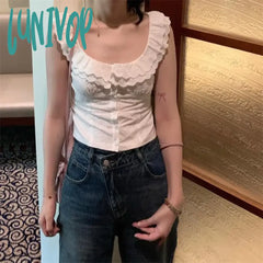 Lunivop Sweet Gentle O-Neck Lace Ruffles White Shirts Female 2024 Sumer New Vest For Women Y2K