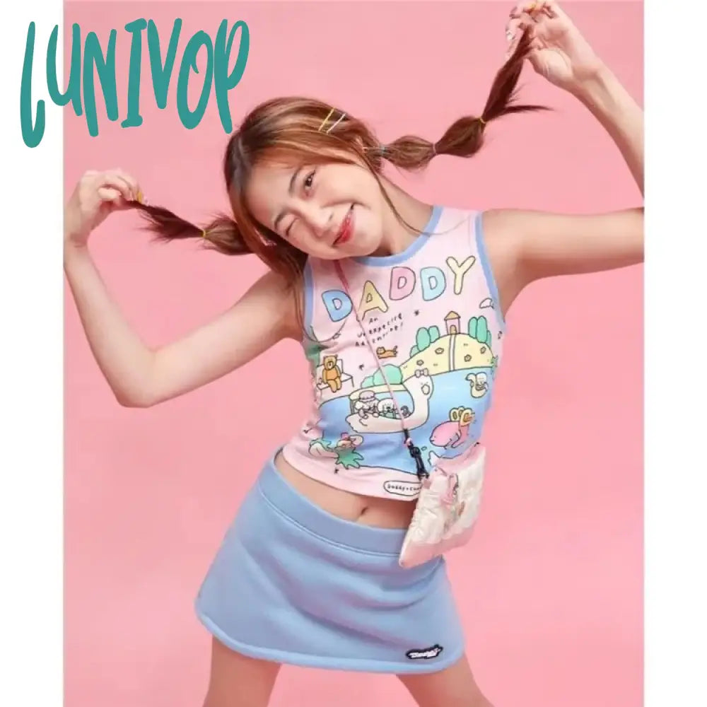 Lunivop Sweet Hand Drawn Graffiti Vest For Women 2024 Summer New O-Neck Pink Blue Tank Top Y2K