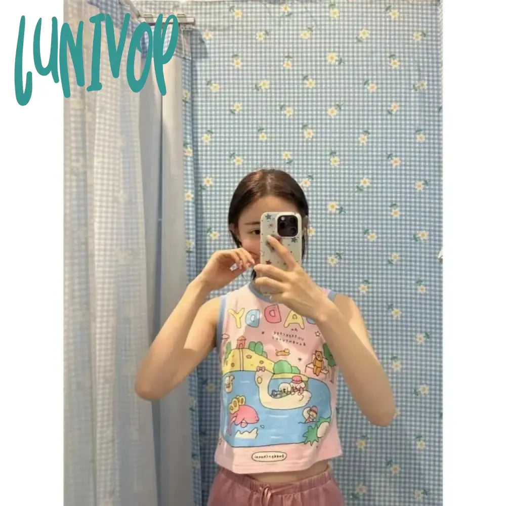 Lunivop Sweet Hand Drawn Graffiti Vest For Women 2024 Summer New O-Neck Pink Blue Tank Top Y2K