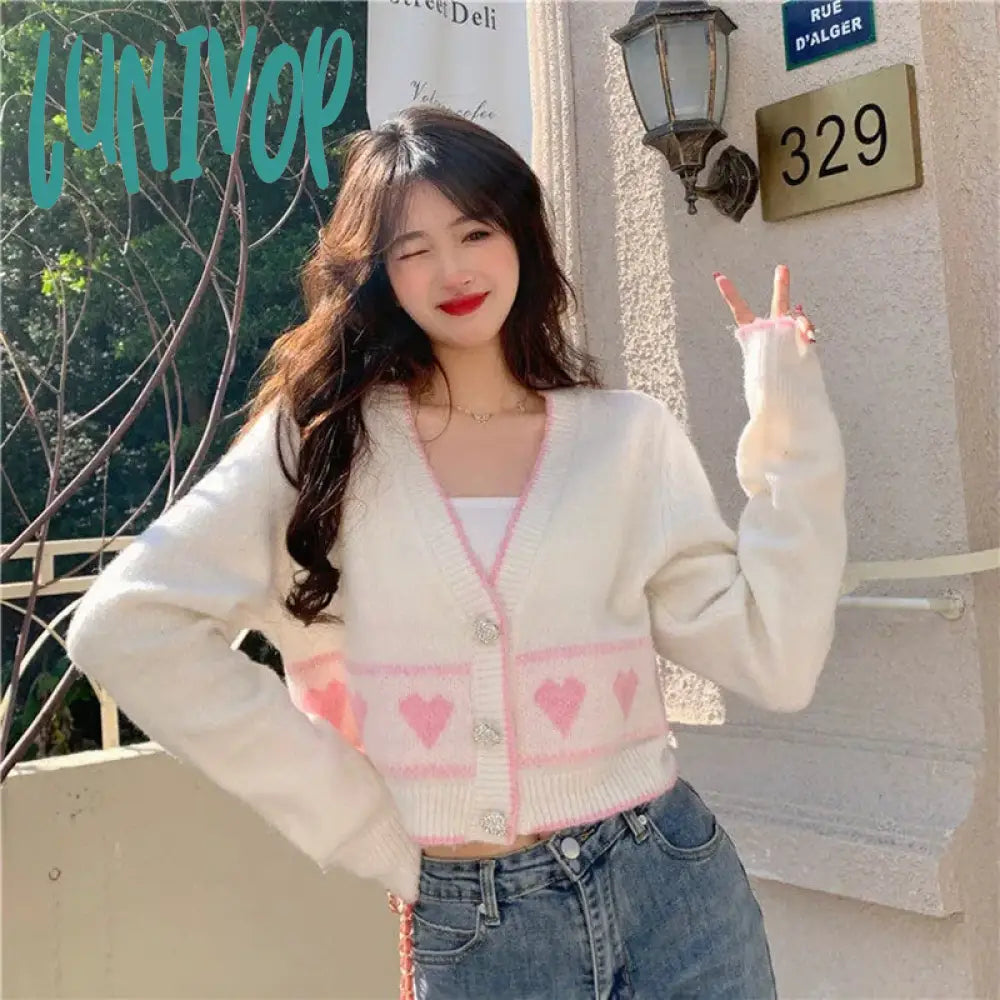 Lunivop Sweet Knitted Cardigan Women Korean Fashion Heart Button V Neck Print Sweater Coat Y2K Cute